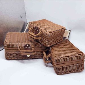 Handmade Artificial Rattan Storage Box Shooting Props Picnic Basket Retro Woven Suitcase Food Carrying Case Home Decoration Y220524