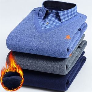 Outono e inverno masculino mais velo falso dois camisas quentes juventude negócios casual moda suéter camisa clássico acolchoado slim top 4xl 220326
