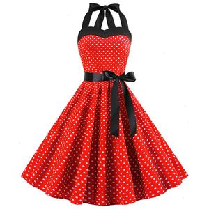 Sexig retro röd polka dot klänning audrey hepburn vintage halter 50s 60s gothic pin up rockabilly mantel
