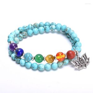 Bärade strängar naturliga turkos chakra mala armband med lotus om charm wrap staplande stretch kvinnliga smycken gåva kent22