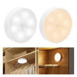 Night Lights 4pcs 6 LEDs USB Rechargeable Round Motion Sensor Induction Under Cabinet Light Closet Lamp Ome Wall Stair LED LampNight