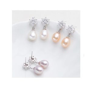 8-9-10mm Crystal flowers Ear Studs Dangle & Chandelier natural Freshwater pearl Earrings white purple Pink Lady/girl Fashion jewelry