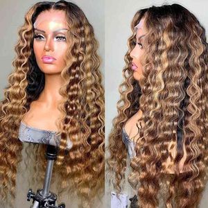 Deep Wave Frontal Wig High Ligh Lights Hume Hace Lace Stängning S Förpluktade och blekta knutar 220608