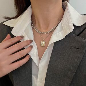 Ketten Mode Doppelschicht Silber Farbe Lange Kette Halskette Für Frauen Geometrische Quadrat Anhänger Punk Statement Schmuck GiftChains