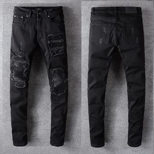 Человек черные джинсы Дизайнер Rip Skinny осень длинный растяжение Slim Fit Biker Distress Denim прямая нога классическая хип -хоп Jogger Solid Softener Модные брюки брюки