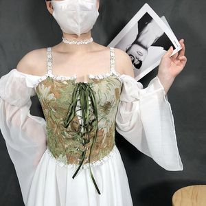 Bustiers Corsets Korean Slim Short Corset Green Sexy Women Seleveress Vintage Oil Paiting Lace Tank Crops Tops女性ベストバスティエ