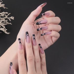 False Nails European Style Fake Mid Length Coffin Ballerina Black Flames Printed Nail Patch Press On Finger Prud22