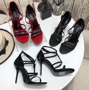 2022 여성 화려한 발 뒤꿈치 샌들 고품질 T- 스트랩 하이힐 펌프 12 색 여성용 특허 가죽 드레스 싱글 신발