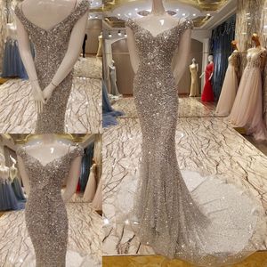 Vestidos Luxury Silver Mermaid Evening Formal Dress 2022 Sexy Bling Paillettes Crystal Long Party Prom Gown Robe De Soiree Vestido De Fiesta