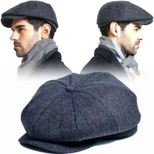 Men Casual Ivy Newspaper Seller Hat Man Felt Autumn And Winter Cap Vader Leisure Beret Caps Winter Wool Flat Octagon Cap Adjustable 5561Cm J220722