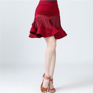 Elastyczna wysoka talia huśtawka mini sexy spódnice plus size odzież wino czerwony zakrzywiony krawędź fringe pomponka łacińska spódnica taneczna