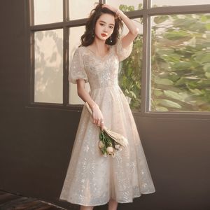 Champagne evening dress women's banquet temperament spring French can usually wear fairy middle and long style W220421