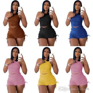 2022 Designer Womens Tracksuit Summer Two Piece Yoga Pants Outfits Vest Shorts Pleated Drawstring Set Sexy Ladies Sportswear