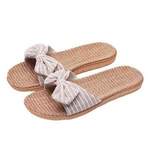 Suihyung Frauen Flachs Hausschuhe 2021 Neue Sommer Indoor Schuhe Gestreiften Bogen Flip-Flops Mädchen Casual Flache Rutschen Weibliche Hanf Sandalen G220518