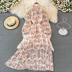 New Women's chiffon print flowers halter neck off shoulder puff long sleeve high waist big expansion maxi dress