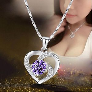 Pendant Necklaces Silver Color Necklace With Purple Zircon Gemstone Box Chain Women Heart Shape Forever Love Wedding NecklacePendant Necklac