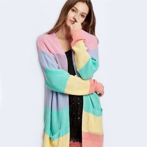 Womens elegant Loose Sweater Yellow Casual Coat Women Rainbow striped long cardigan female Autumn Winter knitted sweater Jacket 201221