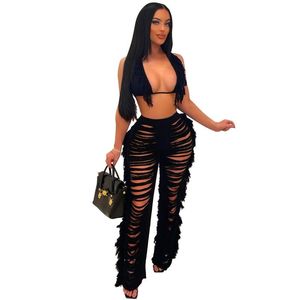Women s Two Piece Pants Sexy Knitted Hollow Perspective Tassel Set Cut Out Fringe And Bikini Top Summer Spring Matching SetWomen s