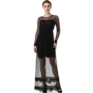 Casual Dresses Fashion Lace Net Yarn Hollow Dress Womens Semi-Perspective Mesh Long Sleeve O Neck Front Split Sexig 707