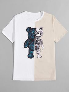 Men's T-Shirts Men Two Tone Bear Print Sports Casual Patchwork Tee Shirt Homme Moletom Oversize