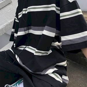 힙합 반팔 티셔츠 여성 T 셔츠 커플 일본 간단한 스트라이프 하프 슬리브 여름 한국어로 느슨한 학생 블랙 220407