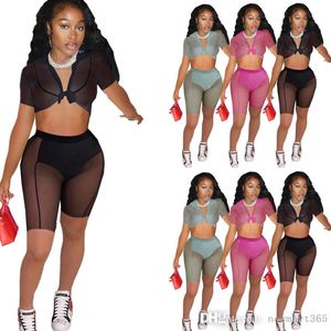 Designer Womens Tracksuits Sexy Sheer Yoga Short Pants Mesh Splicing 2022 Summer Clothing Perspective Binding Two Piece Set