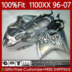 Wtrysk Mold Ciało dla Honda Blackbird CBR1100 CBR 1100 XX CC 1100xx 96-07 Flames Silver 114NO.32 CBR1100XX 1996 1997 1998 1999 2000 2001 1100cc 02 03 04 05 06 07 Owalnia