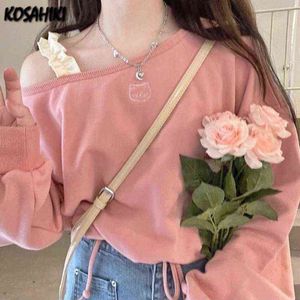 Kosahiki Sweet Pink Croped Hoodies Y2K kläder Kvinnor Cat Embroidery Off Axel Loose Drawstring O-Neck Sweatshirt Japan Style Y220803