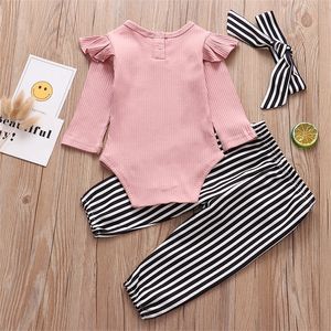 Born Baby Girls Abbigliamento Autunno Moda Rosa Outfit Pagliaccetto Top Pantaloni Fascia Set Abbigliamento infantile 3 6 9 18 24 Mesi LJ201223