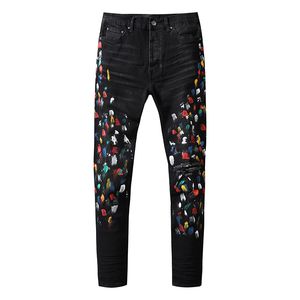 Men Jeans Black Painted Slim Regular Fit Hole Biker Top Quality Men's Denim Pants Jean Casual Trousers Big Size 29-40
