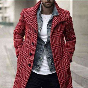 Men's Wool & Blends Autumn And Winter Fashion Plaid Lapel Coat Medium Length Over Long For Men Red T220810