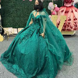 Mexican Girls hunter Green Quinceanera Dresses with cape Lace-up corset Applique Sweet 16 Prom Pageant Gowns Vestidos de