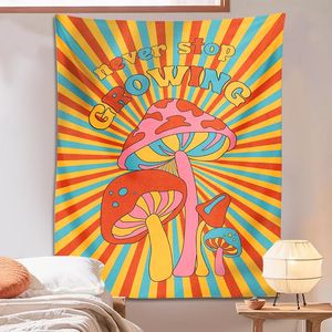 Tapestries Mushroom Tapestry Retro 70s Art Wall Decor Hippie Groovy Vintage Poster Colorful Sun Rainbow Never Stop Growing Home PrintTapestr