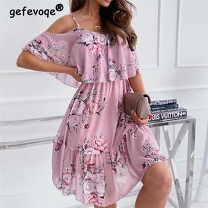 Floral Printed Boho Beach Chiffon Dress Female Backless Sexy Women Summer Ruffled Off Shoulder Casual Elegant Mini Dresses 220517