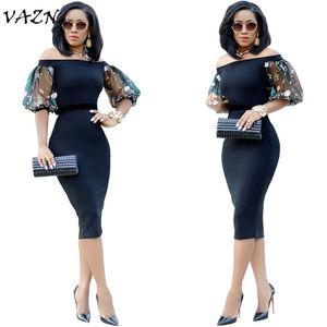 VAZN Top Quality Novelty Design Sexy Style Women Dress Solid Slash Neck Lace Half Sleeve Bodycon Midi Dress Vestido A3003 T200320