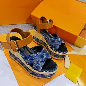 Luxury Since Sandals Starboard Wedge Sandals Espadrilles Designer Leather Printing High Heels With Adjustable Buckle Wedding Dress Lady Shoes With Box NO376