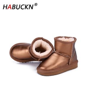 Habuckn Fashion Impermeável Couro genuíno de pele de inverno Botas de inverno menino e menina botas de neve Sapatos infantil infantil tornozelo lj201202