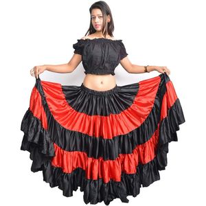 Sahne Giymek Kırmızı Geleneksel İspanyol Flamenko Etek Çingene Kadınlar Dans Kostüm Çizgili Saten Pürüzsüz Büyük Salıncak Oryantal Performansı 90 cm