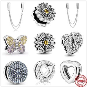 925 Sterling Silver safety chain Charm Daisy Butterfly clips Beads Fit Original Pandora Reflections Bracelet DIY women Jewelry