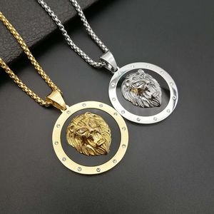 Acciaio inossidabile Uomo Oro Nero Punk Rotondo Animale Testa di leone Tag Collana Collares Cristallo strass Harajuku Girocollo gotico Collares Ciondolo fascino Hip Hop