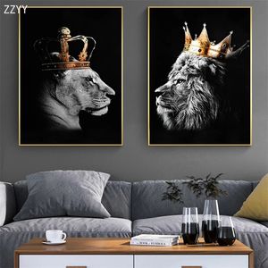 Moderno Re Leone con Corona Oro di Lusso Dipinto su Tela Nero Bianco Animale Poster Stampa Wall Art Pictrue per Ufficio Home Decor