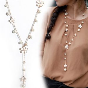 Chokers Women's Elegant Flower Faux Pearls Sweater Chain Long Pendant Necklace Jewelry GC1282