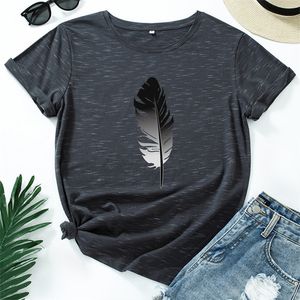 JCGO Women T Shirt Cotton Casual Summer Feather Print Ladies Regular Short Sleeves Loose Fashion Female Graphic Tees Shirts Tops 220321