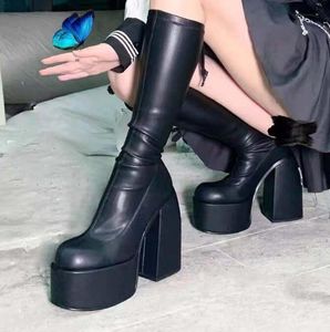 Stivali invernali autunnali Scarpe in microfibra elastica Stivali da donna con tacchi alti tacchi a piattaforma di stivale in pelle nera Scarpe per donne per donne