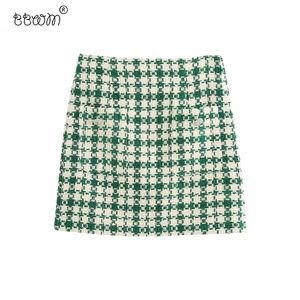 Stylowe Chic Kieszenie Zielona Plaid Tweed Mini Spódnica Kobiety Moda Wysoka Talia Spódnice Casual Jupe Femme 220317