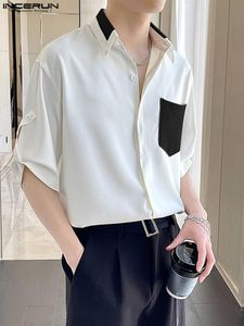 Men's Casual Shirts Men Shirt Patchwork Lapel Half Sleeve Button Pockets Summer Clothing 2022 Loose Korean Fashion S-5XL INCERUNMen's