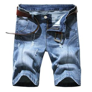 Sommar rippade hål herr shorts urban mode korta byxor rak casual knä längd jeans manliga blå shorts pantaloner kortos