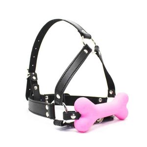 Nxy Sm Bondage Cute Solid Leather Harness Mouth Silicone Dog Bone Ball Gag Bdsm Plug Couples Flirting Sex Products Toys Adult Games 220423