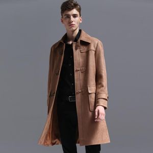 Men's Trench Coats Mens Man Long Coat Men Leather Crochet Buckle Clothes Slim Fit Overcoat Sleeve Retro Autumn Winter FashionMen's