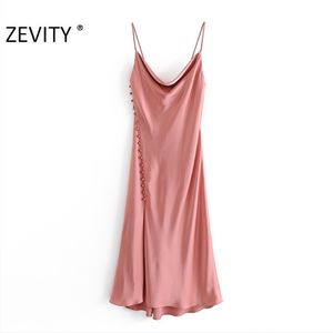 Zevity New Women Sexy V Neck Soid Color Bidse Boodons Sling Midi платье женское спагетти ремешок с разделением клуб vestido ds4571 210302